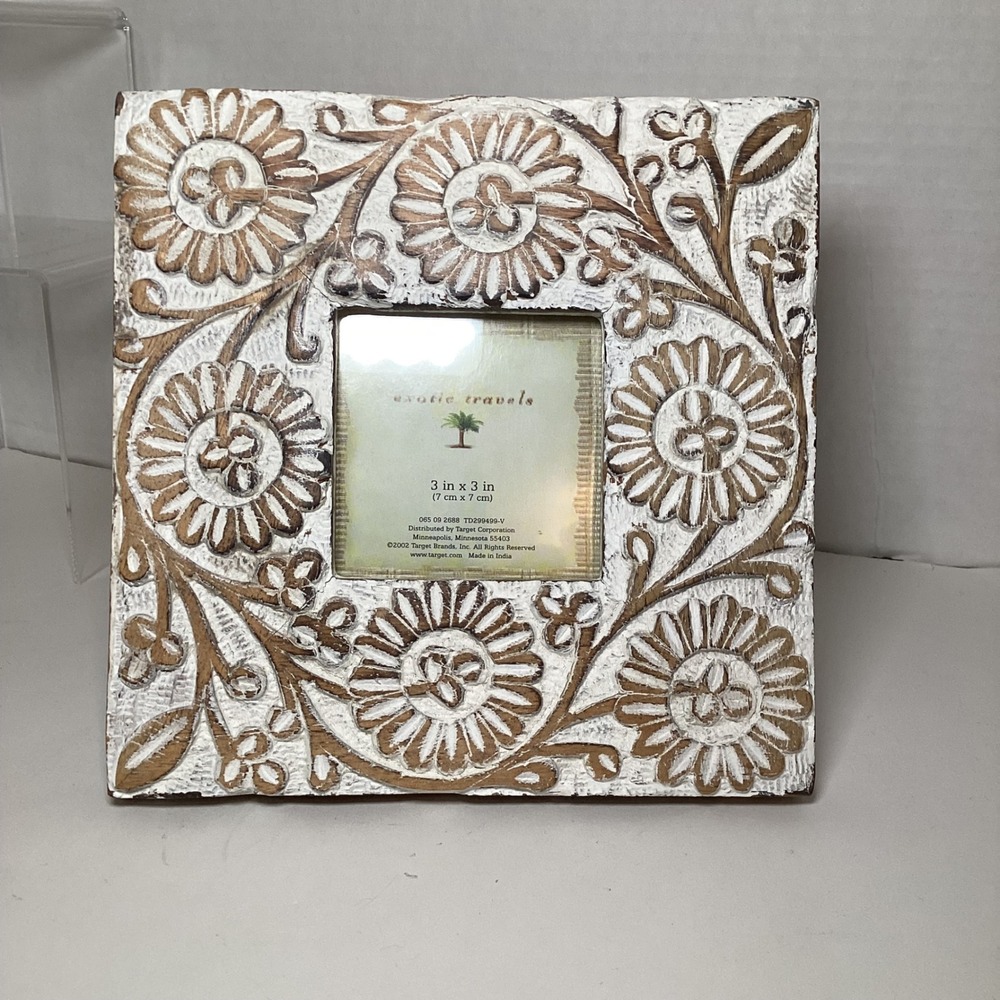Target Exotic Travels Hand Carved Wood Floral 3x3 Picture Frame White Wash